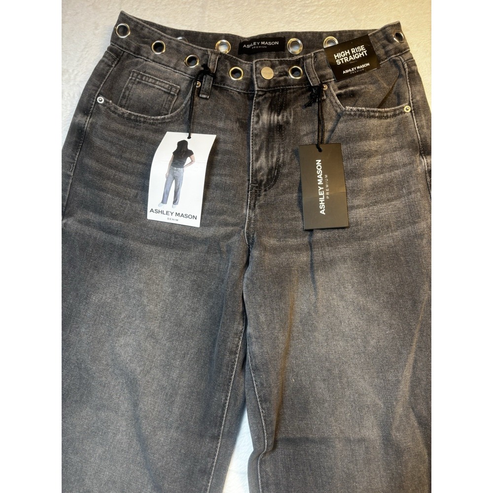 NWT Ashley Mason Premium Jeans Women's Grommets 7/28 Gray High Rise‎ Straight - Picture 3 of 16